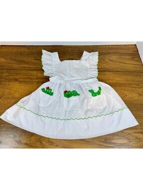 Vintage All Mine Toddler Dress 24M White Green Caterpillar Applique Pockets